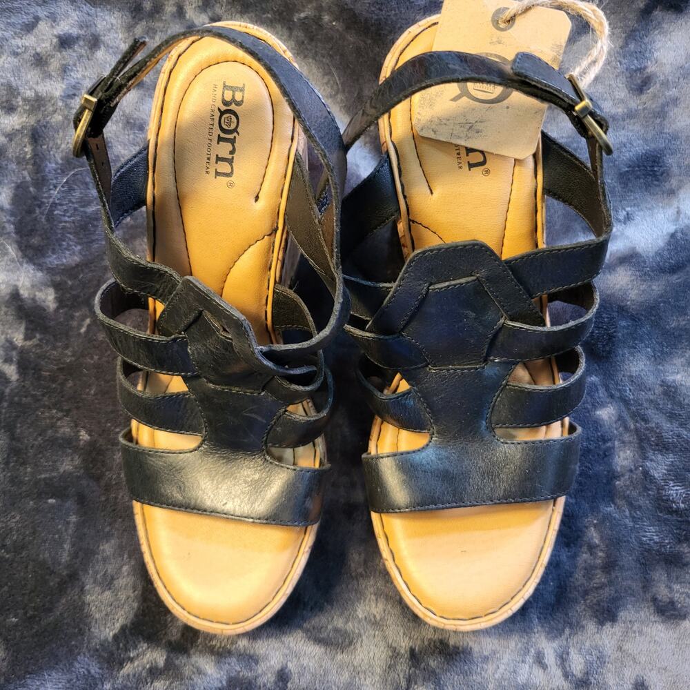NEW Born Bernese leather cage wedge heeled sandal black Womens size 8